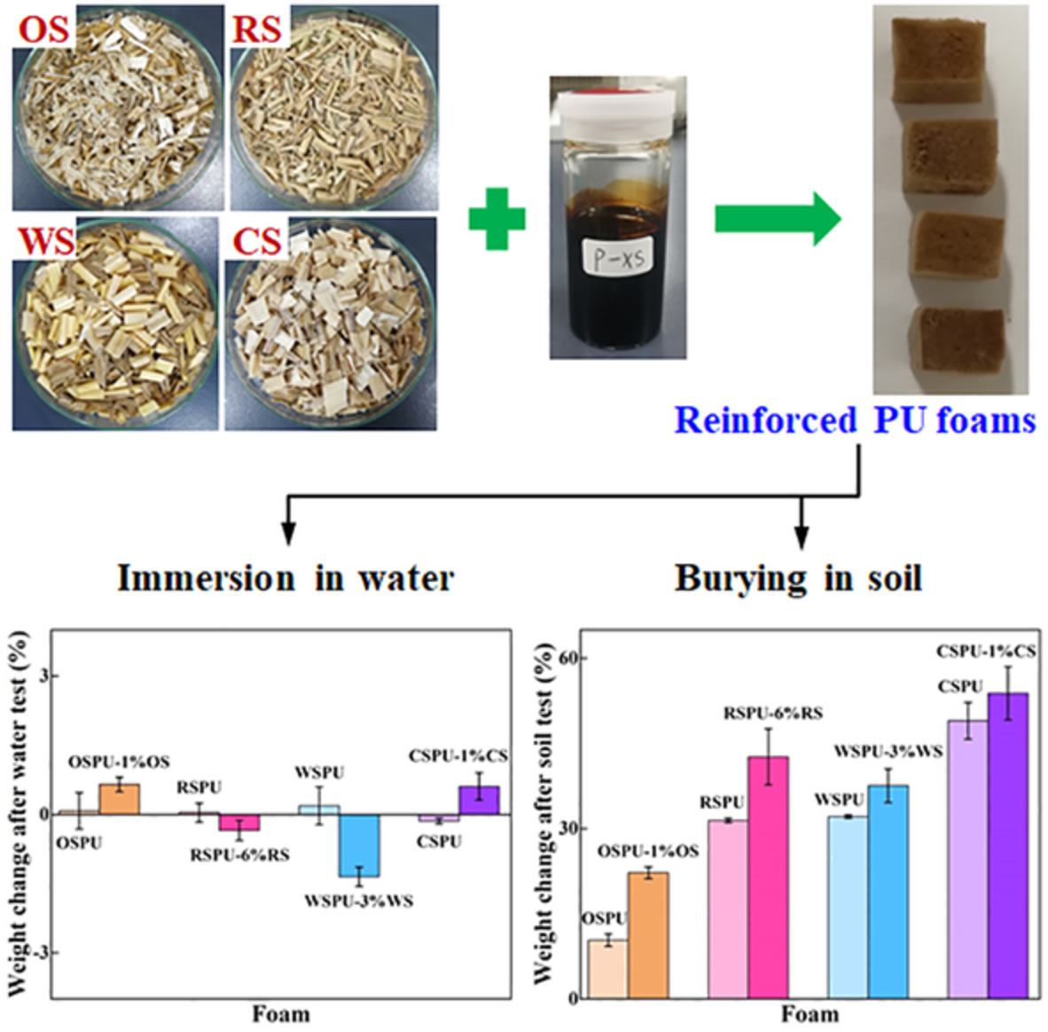 Effect of natural biomass fillers on the stability, degradability, and elasticity of crop straws liquefied polyols-based polyurethane foams