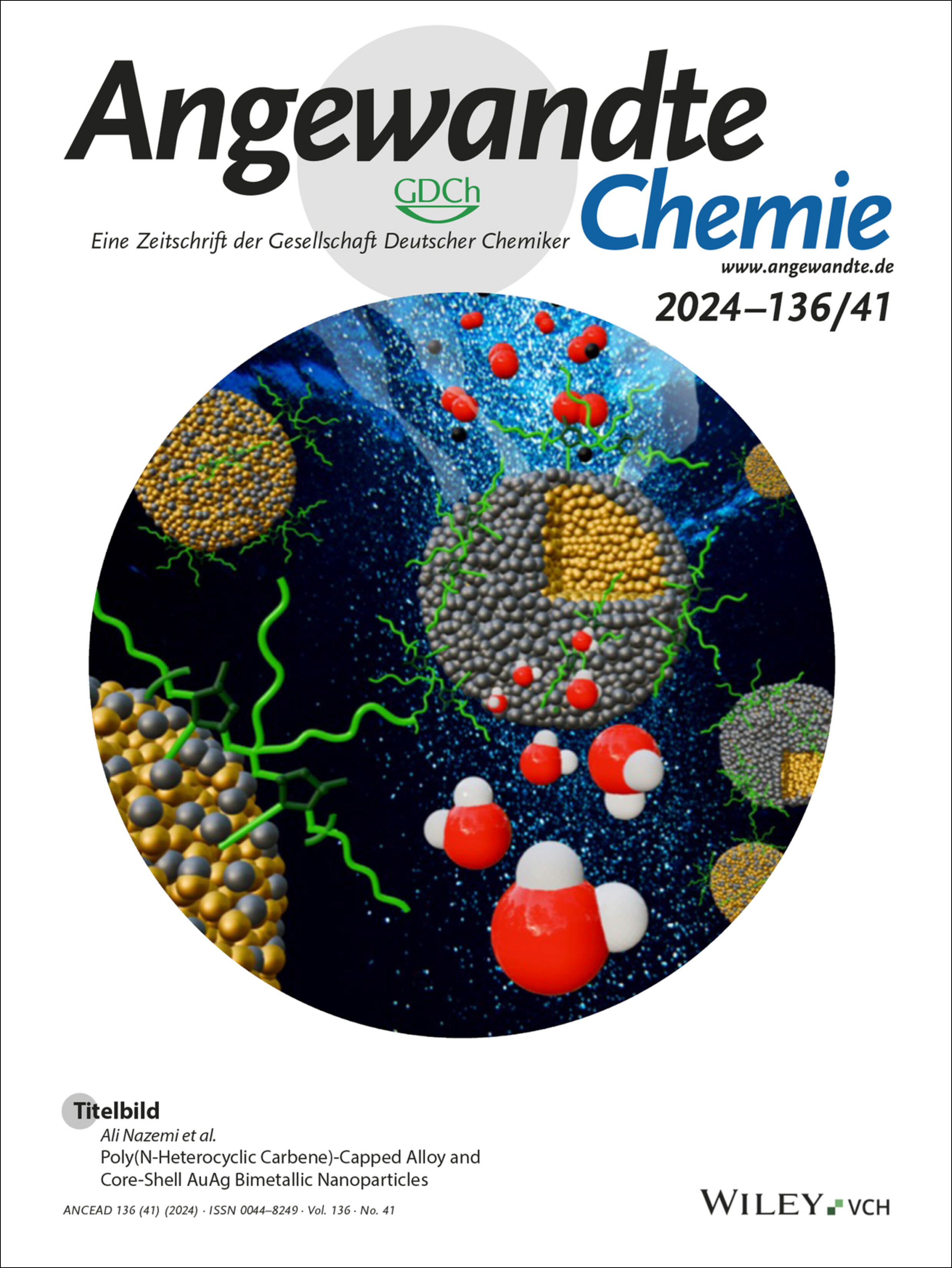 Titelbild: Poly(N-Heterocyclic Carbene)-Capped Alloy and Core-Shell AuAg Bimetallic Nanoparticles (Angew. Chem. 41/2024) Volume 136 Issue 41, 2024