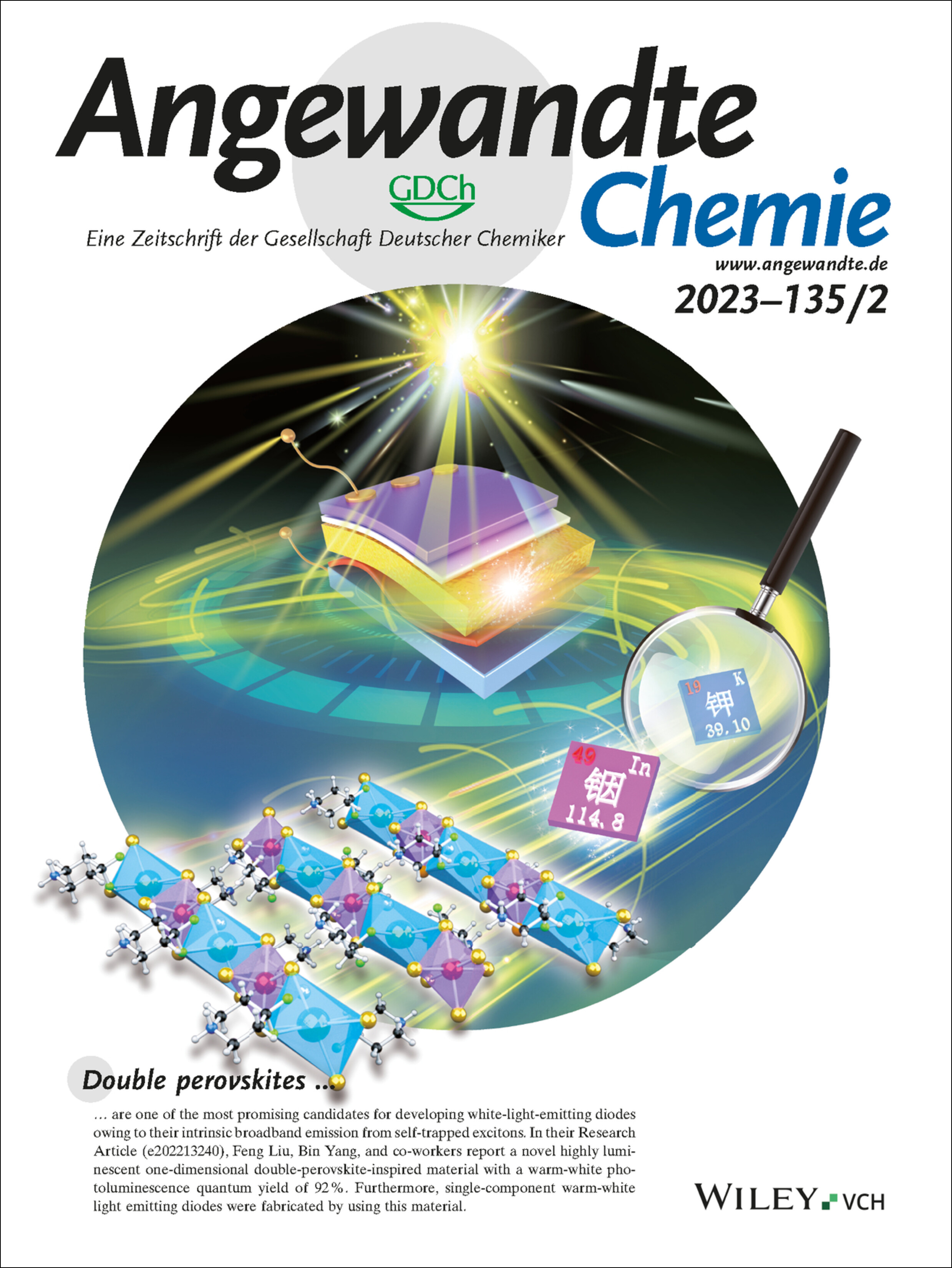 Rücktitelbild: Highly Luminescent One-Dimensional Organic–Inorganic Hybrid Double-Perovskite-Inspired Materials for Single-Component Warm White-Light-Emitting Diodes (Angew. Chem. 2/2023) Volume 135 Issue 2, 2023