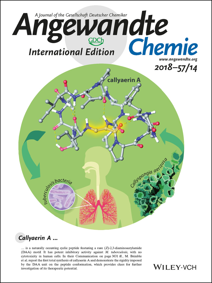 Inside Back Cover: Total Synthesis and Conformational Study of Callyaerin A: Anti-Tubercular Cyclic Peptide Bearing a Rare Rigidifying (Z)-2,3- Diaminoacrylamide Moiety (Angew. Chem. Int. Ed. 14/2018) Volume 57 Issue 14, 2018