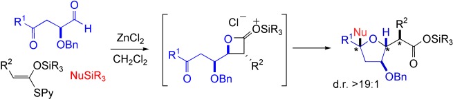 Highly Diastereoselective, Tandem, Three-Component Synthesis of Tetrahydrofurans from Ketoaldehydes via Silylated β-Lactone Intermediates
