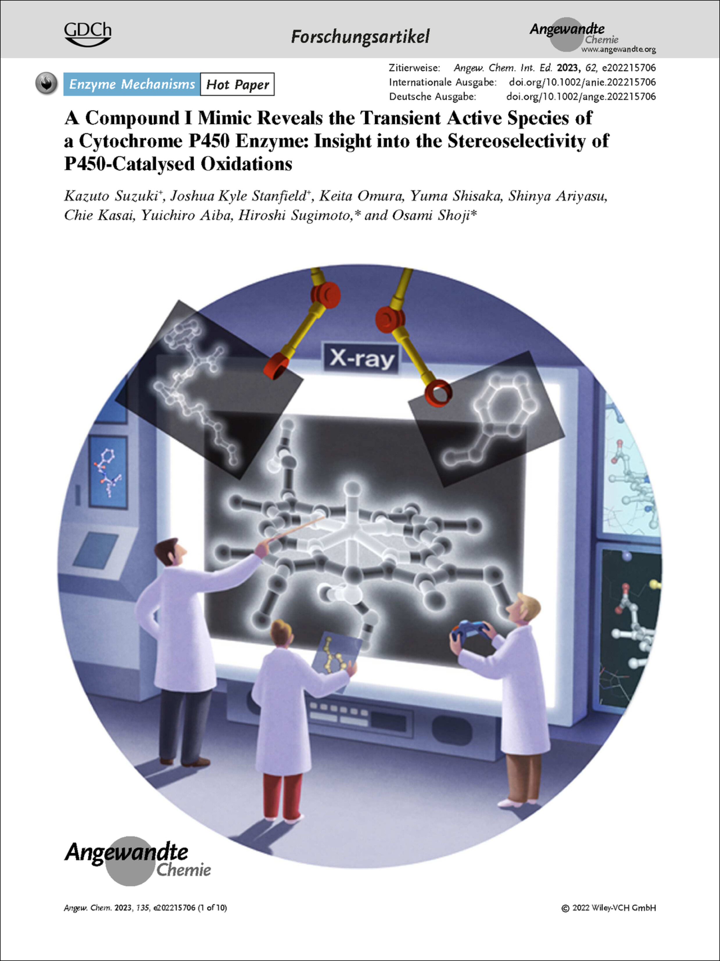 Frontispiz: Ein Verbindung-I-Analogon deckt die vorübergehende aktive Spezies eines Zytochrom-P450-Enzymes auf: Einblick in die Stereoselektivität P450-katalysierter Oxidationen Volume 135 Issue 13, 2023