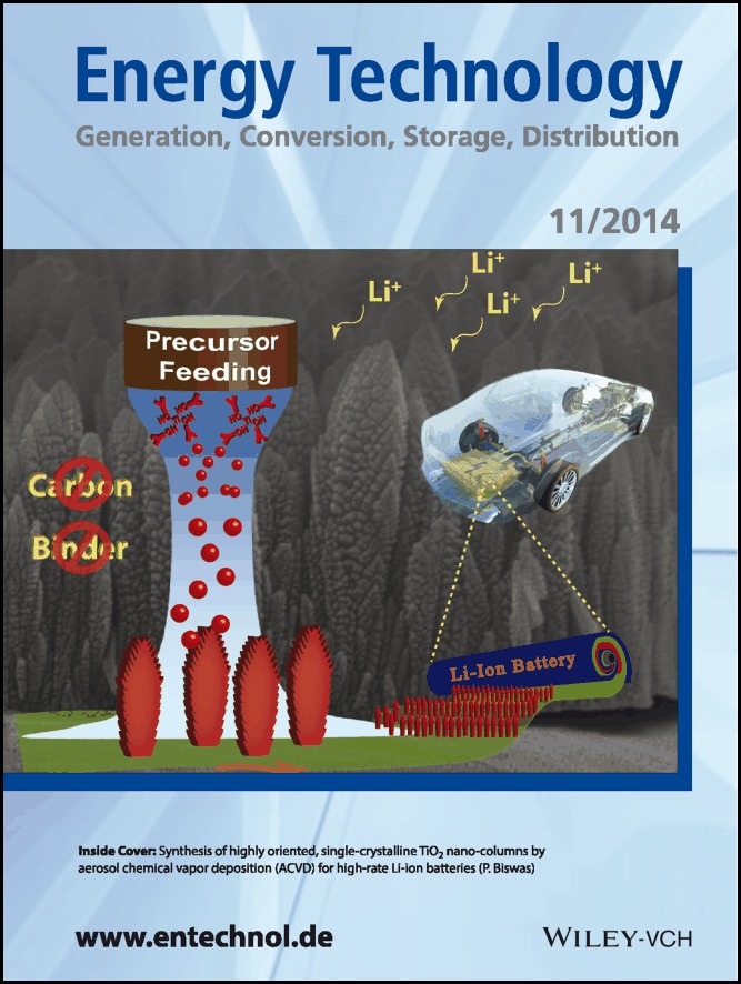 Inside Cover: One-Dimensional, Additive-Free, Single-Crystal TiO2 Nanostructured Anodes Synthesized by a Single-Step Aerosol Process for High-Rate Lithium-Ion Batteries (Energy Technol. 11/2014)