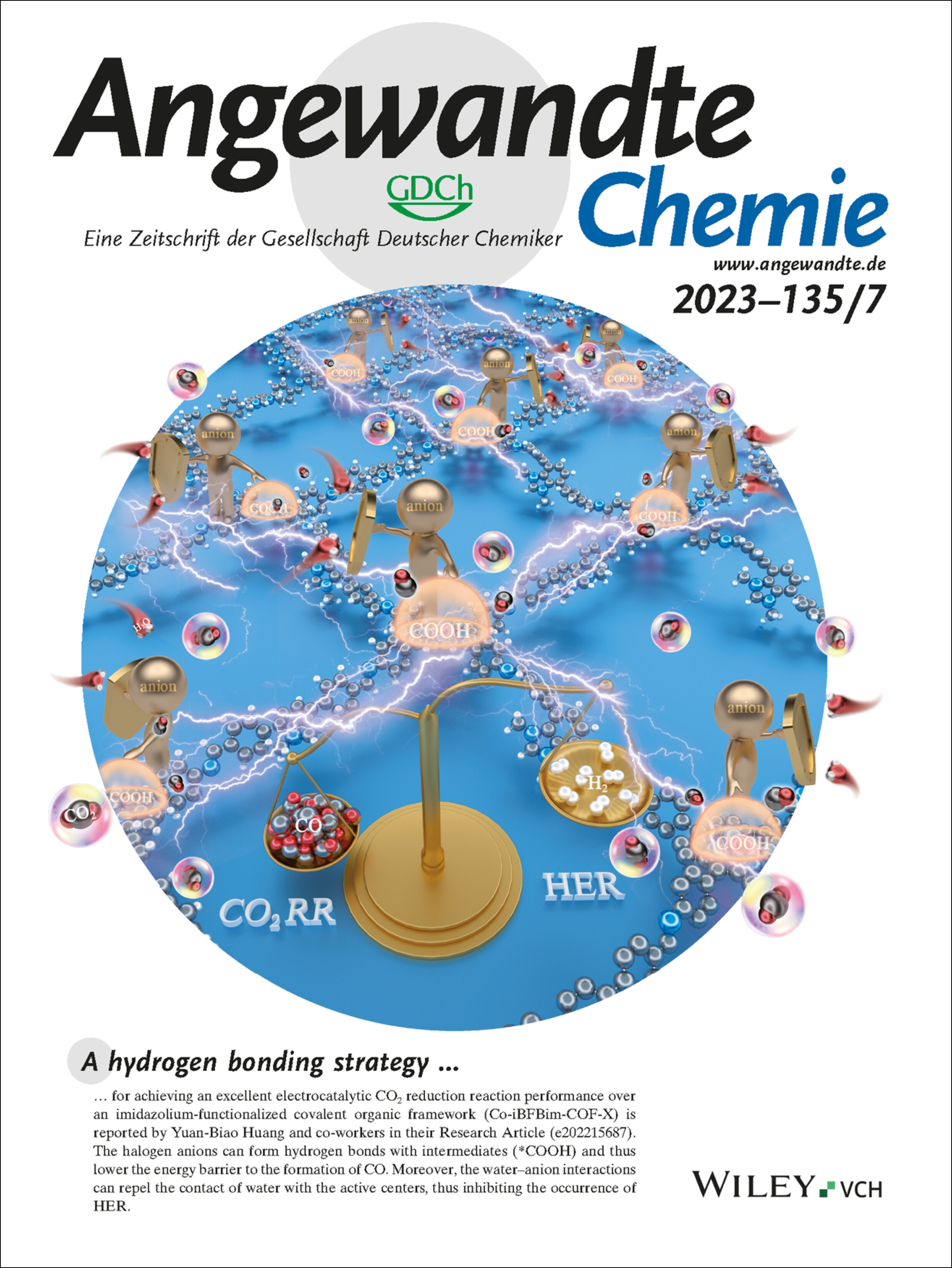 Innentitelbild: Boosting Electroreduction of CO2 over Cationic Covalent Organic Frameworks: Hydrogen Bonding Effects of Halogen Ions (Angew. Chem. 7/2023) Volume 135 Issue 7, 2023