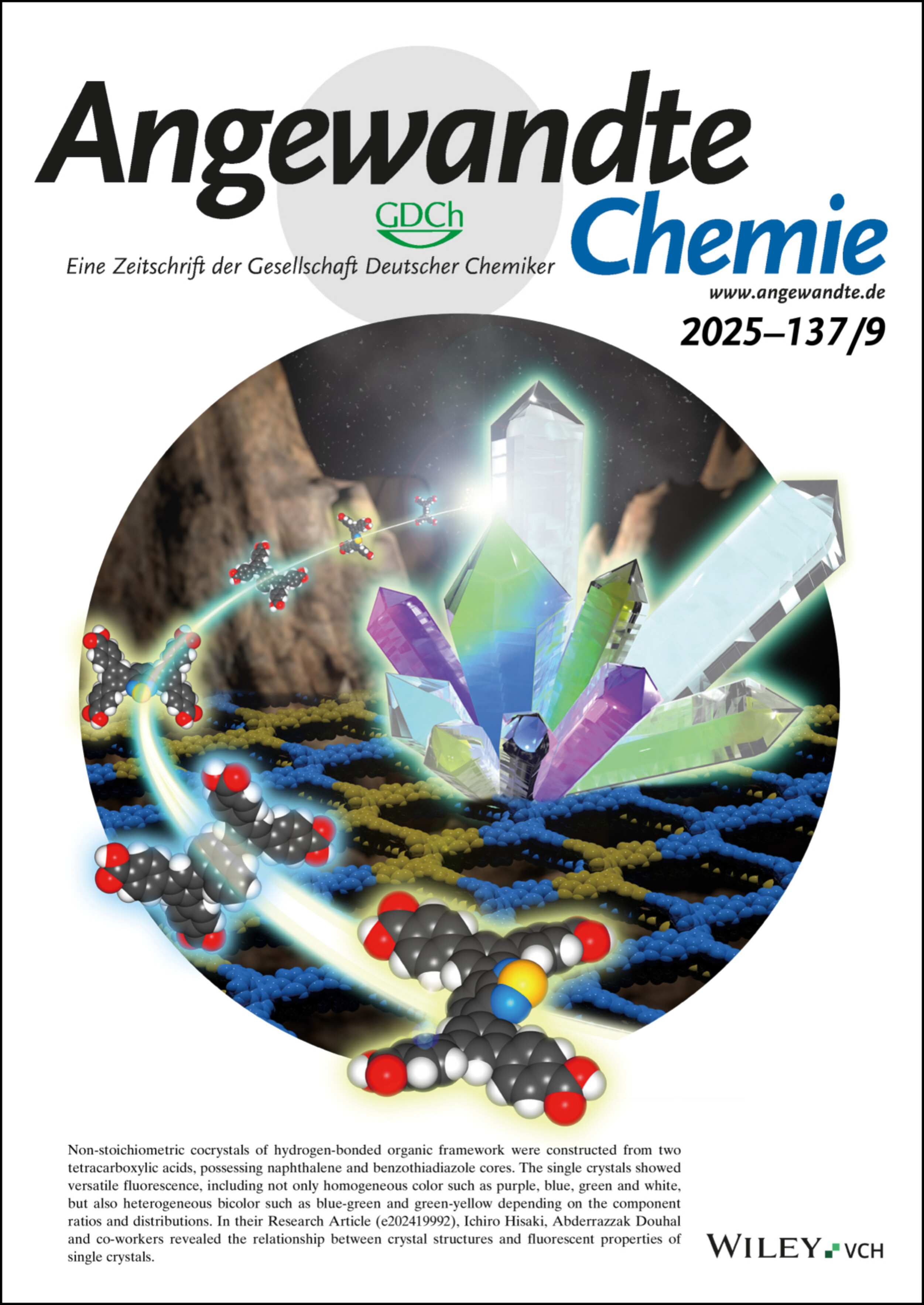 Rücktitelbild: Single Crystalline, Non-Stoichiometric Hydrogen-Bonded Organic Frameworks Showing Versatile Fluorescence Depending on Composition Ratios and Distributions (Angew. Chem. 9/2025) Volume 137 Issue 9, 2025