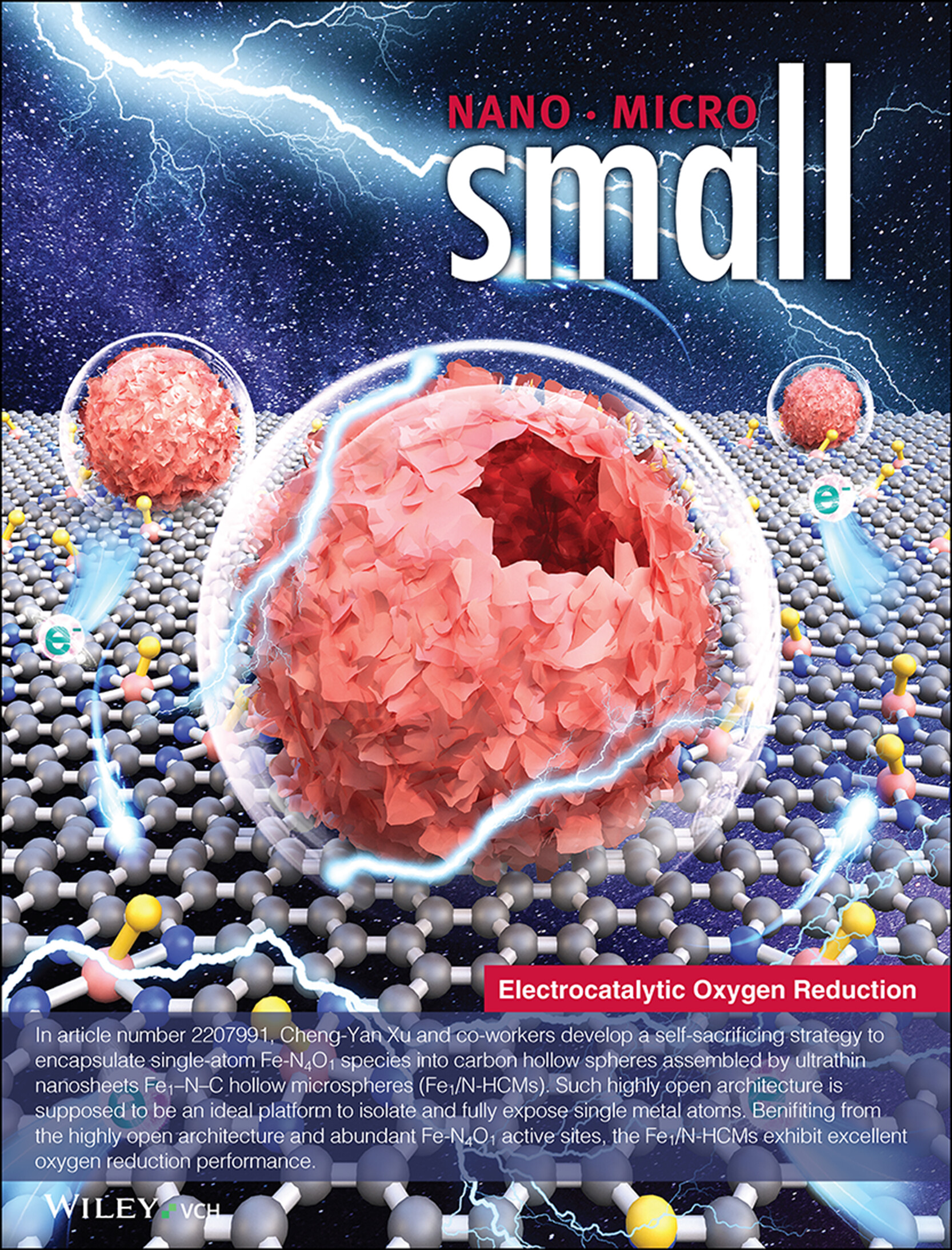 Self-Sacrificing Template Synthesis of Carbon Nanosheets Assembled Hollow Spheres with Abundant Active Fe–N4O1 Moieties for Electrocatalytic Oxygen Reduction (Small 21/2023) Volume 19 Issue 21, 2023