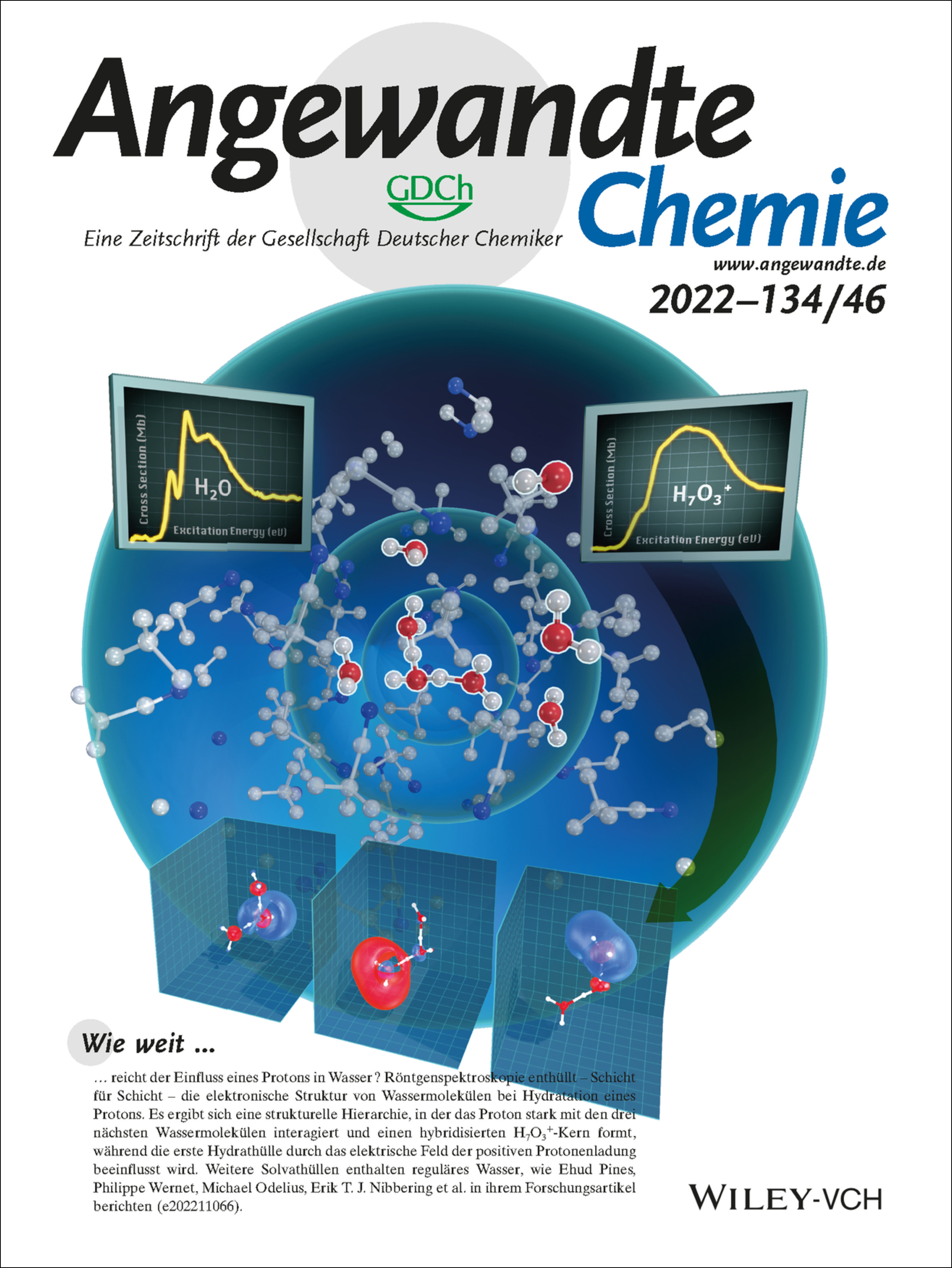 Innentitelbild: Von lokalen kovalenten Bindungen zu langreichweitigen elektrischen Wechselwirkungen der Protonenhydratation (Angew. Chem. 46/2022) Volume 134 Issue 46, 2022