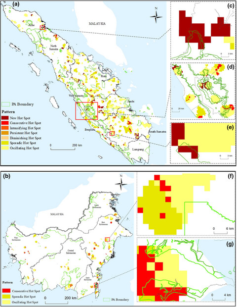 Spatial–temporal variations in deforestation hotspots in Sumatra and Kalimantan from 2001–2018