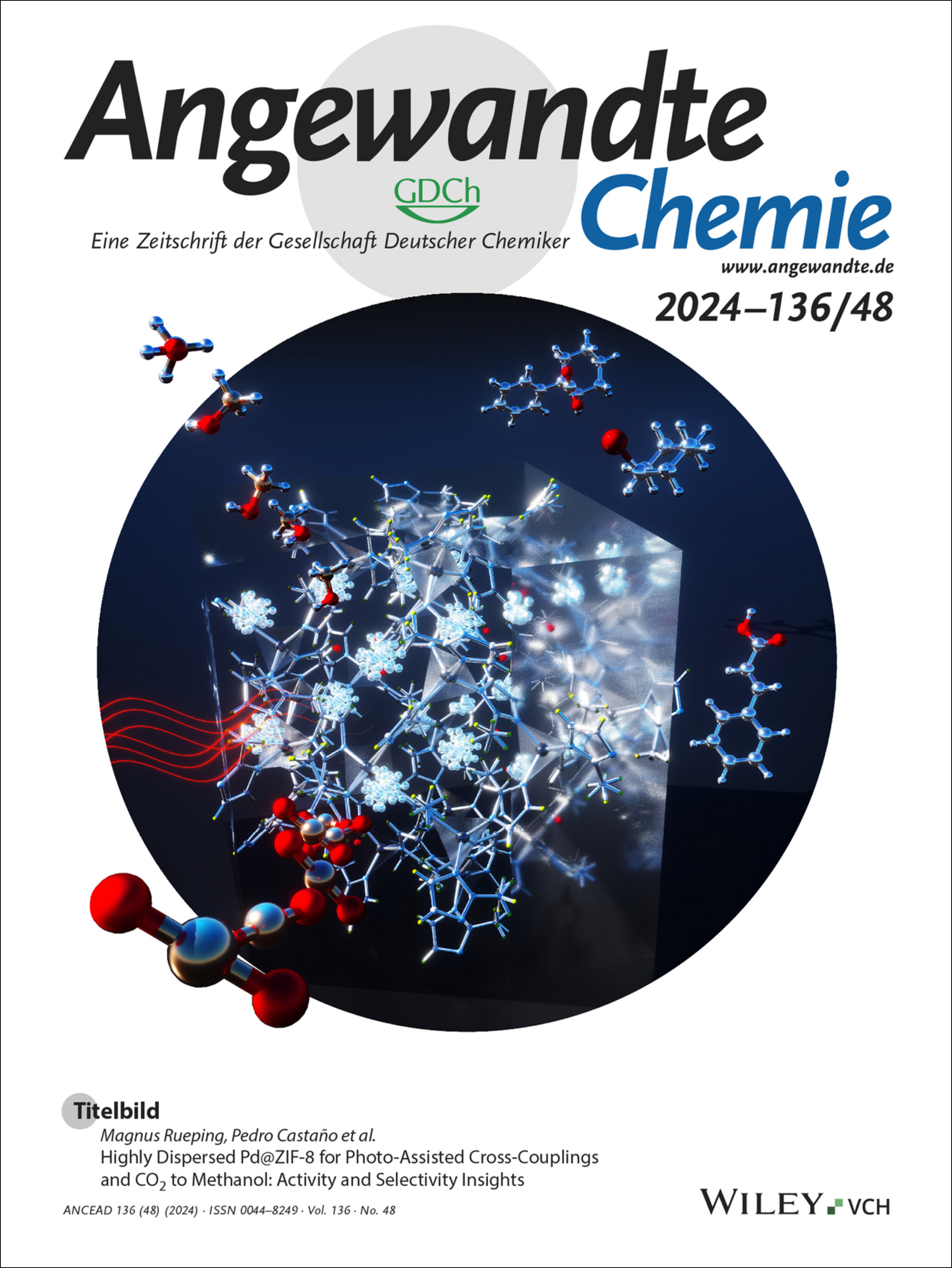 Titelbild: Highly Dispersed Pd@ZIF-8 for Photo-Assisted Cross-Couplings and CO2 to Methanol: Activity and Selectivity Insights (Angew. Chem. 48/2024) Volume 136 Issue 48, 2024