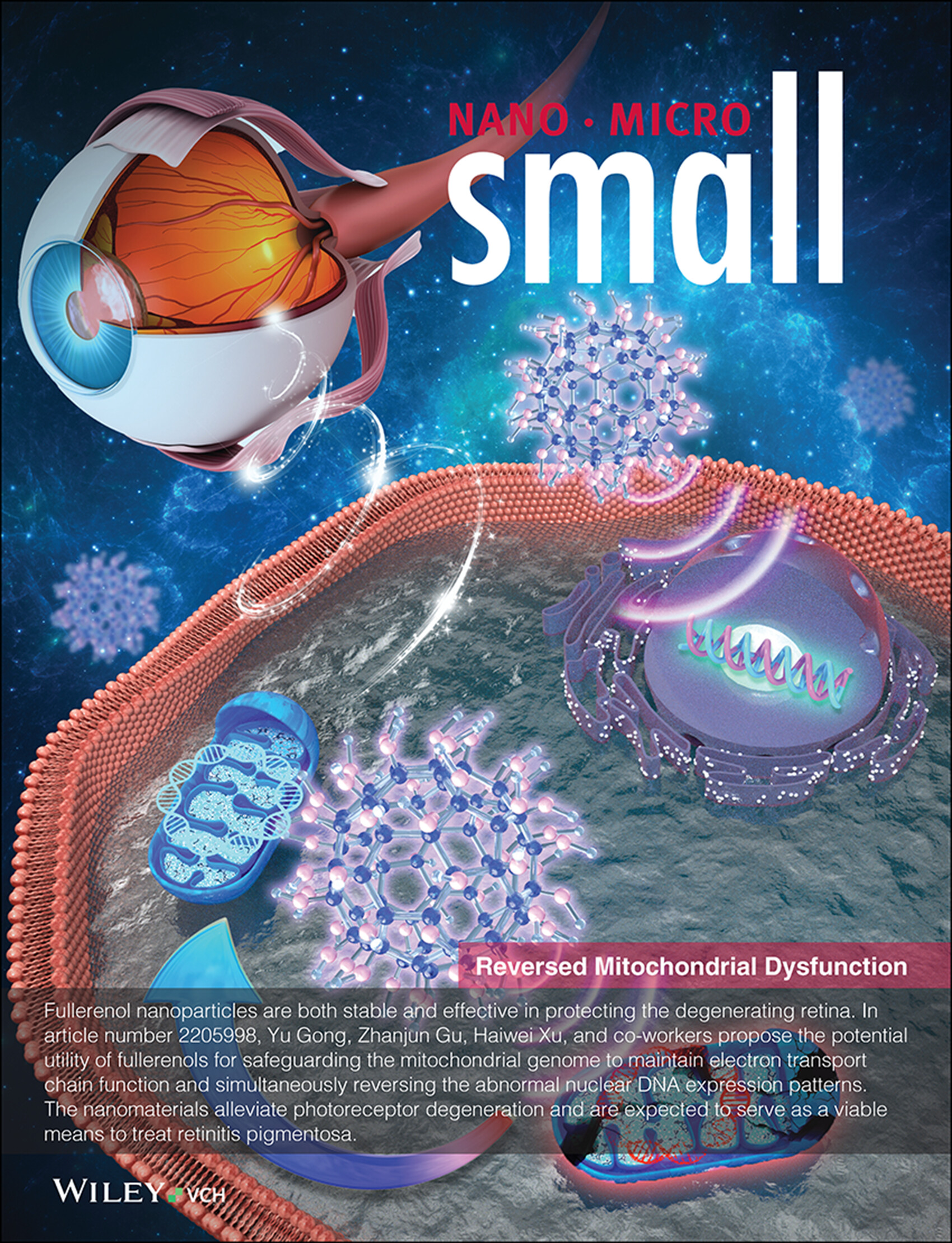 Alleviation of Photoreceptor Degeneration Based on Fullerenols in rd1 Mice by Reversing Mitochondrial Dysfunction via Modulation of Mitochondrial DNA Transcription and Leakage (Small 44/2023) Volume 19 Issue 44, 2023