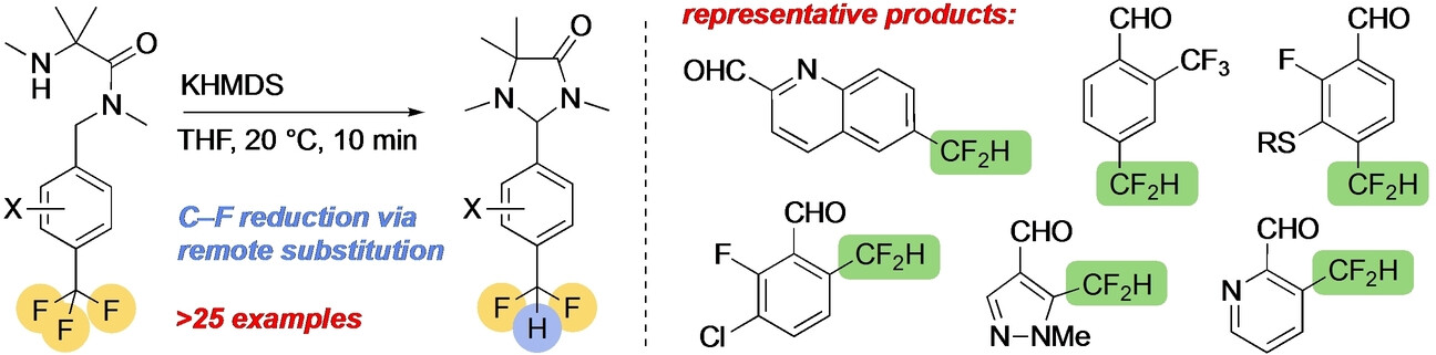 Selective Defluorination of Trifluoromethyl Substituents by Conformationally Induced Remote Substitution