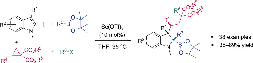 Lewis Acid Catalyzed Stereoselective Dearomative Coupling of Indolylboron Ate Complexes with Donor–Acceptor Cyclopropanes and Alkyl Halides