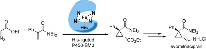 Improved Cyclopropanation Activity of Histidine-Ligated Cytochrome P450 Enables the Enantioselective Formal Synthesis of Levomilnacipran