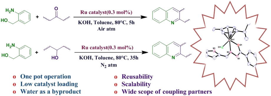Synthesis and structure of arene ruthenium(II) complexes: One-pot catalytic approach to synthesis of bioactive quinolines under mild conditions