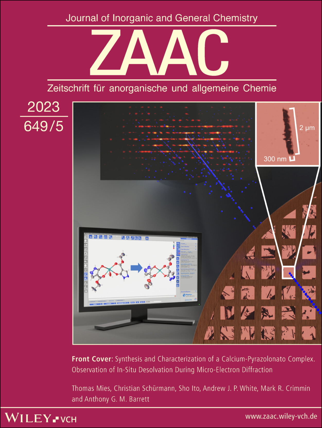 Front Cover: Synthesis and Characterization of a Calcium-Pyrazolonato Complex. Observation of In-Situ Desolvation During Micro-Electron Diffraction (Z. Anorg. Allg. Chem. 5/2023)
