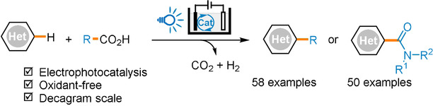 Electrophotocatalytic Decarboxylative C−H Functionalization of Heteroarenes