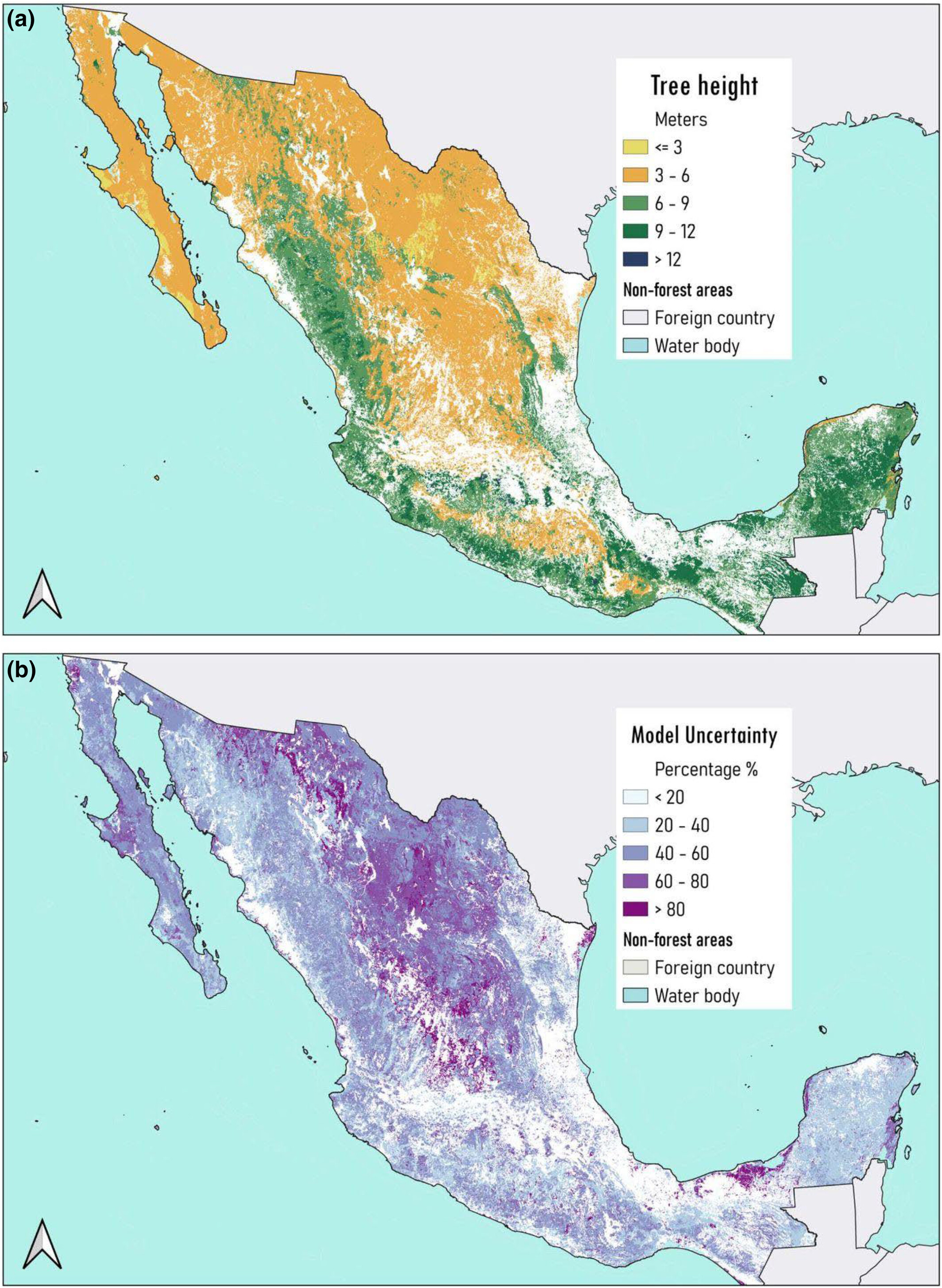 Spatial predictions of tree density and tree height across Mexico forests using ensemble learning and forest inventory data