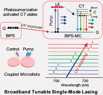 A Photoisomerization-Activated Intramolecular Charge-Transfer Process for Broadband-Tunable Single-Mode Microlasers
