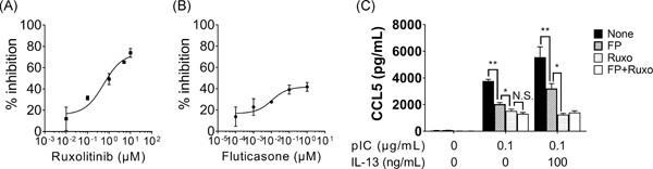 Ruxolitinib inhibits poly(I:C) and type 2 cytokines-induced CCL5 production in bronchial epithelial cells: A potential therapeutic agent for severe eosinophilic asthma