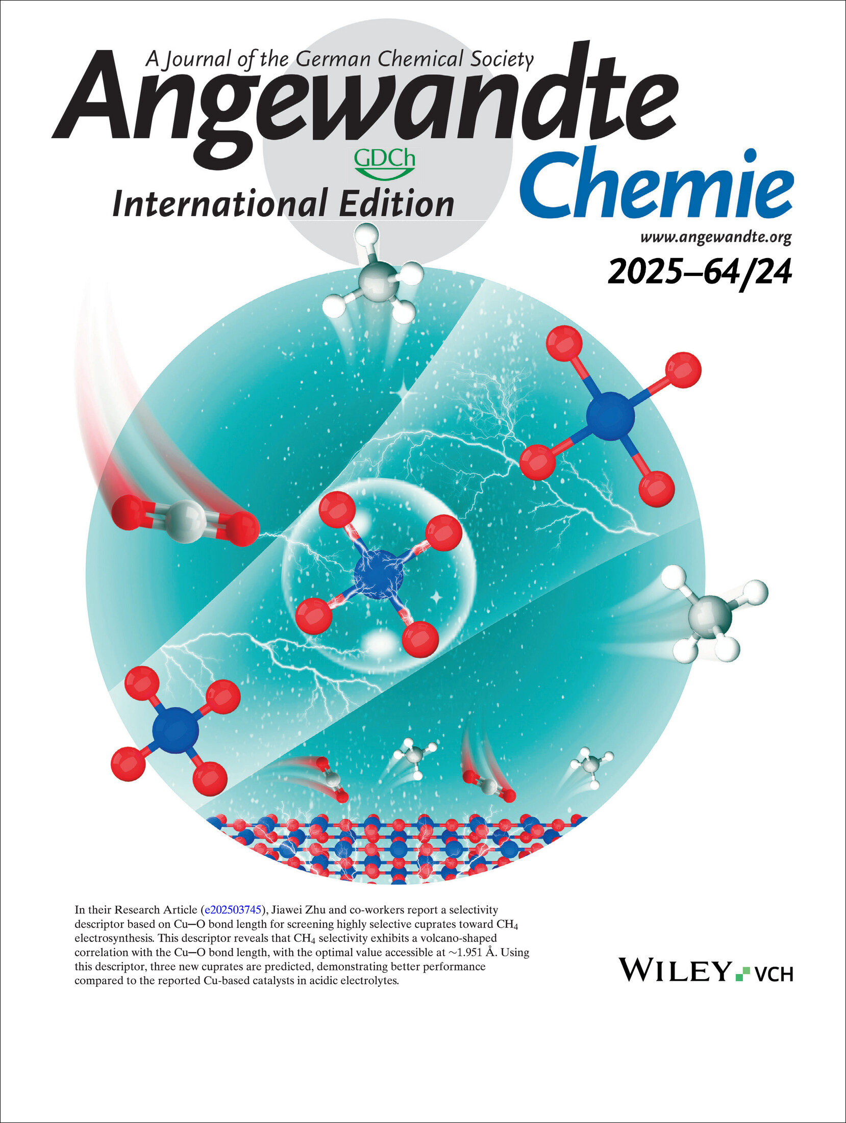 Inside Front Cover: Optimizing the Selectivity of CH4 Electrosynthesis from CO2 over Cuprates through Cu─O Bond Length Descriptor (Angew. Chem. Int. Ed. 24/2025) Volume 64 Issue 24, 2025
