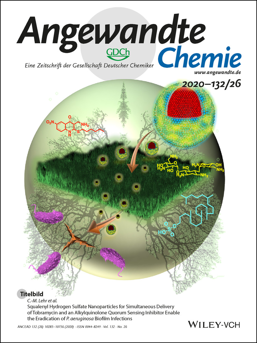 Titelbild: Squalenyl Hydrogen Sulfate Nanoparticles for Simultaneous Delivery of Tobramycin and an Alkylquinolone Quorum Sensing Inhibitor Enable the Eradication of P. aeruginosa Biofilm Infections (Angew. Chem. 26/2020) Volume 132 Issue 26, 2020