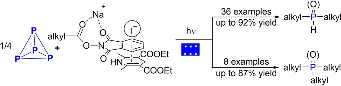Decarboxylative Selective Phosphorylation of Aliphatic Acids: A Transition-Metal- and Photocatalyst-Free Avenue to Dialkyl and Trialkyl Phosphine Oxides from White Phosphorus