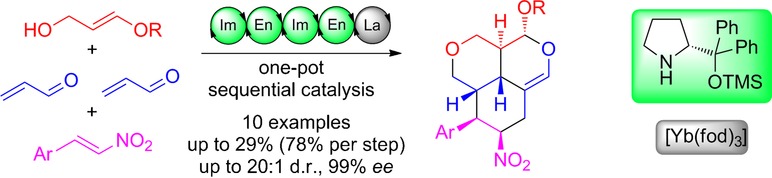 Combining Organocatalysis and Lanthanide Catalysis: A Sequential One-Pot Quadruple Reaction Sequence/Hetero-Diels–Alder Asymmetric Synthesis of Functionalized Tricycles