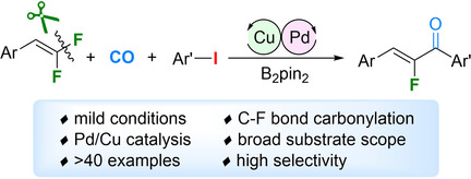 Pd/Cu-Catalyzed Defluorinative Carbonylative Coupling of Aryl Iodides and gem-Difluoroalkenes: Efficient Synthesis of α-Fluorochalcones