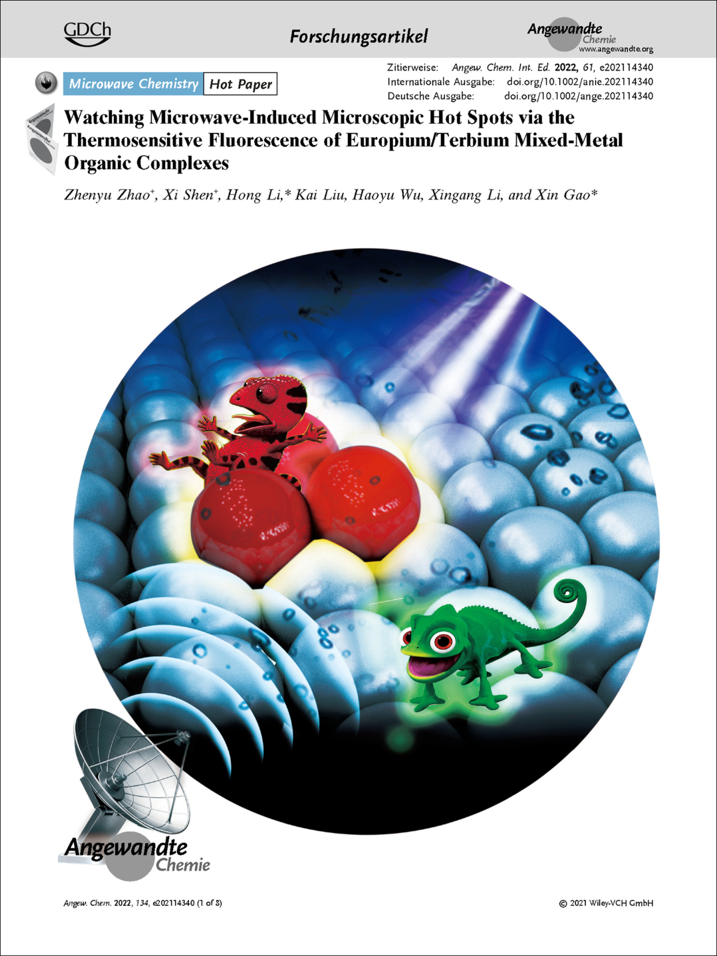 Frontispiz: Watching Microwave-Induced Microscopic Hot Spots via the Thermosensitive Fluorescence of Europium/Terbium Mixed-Metal Organic Complexes Volume 134 Issue 6, 2022