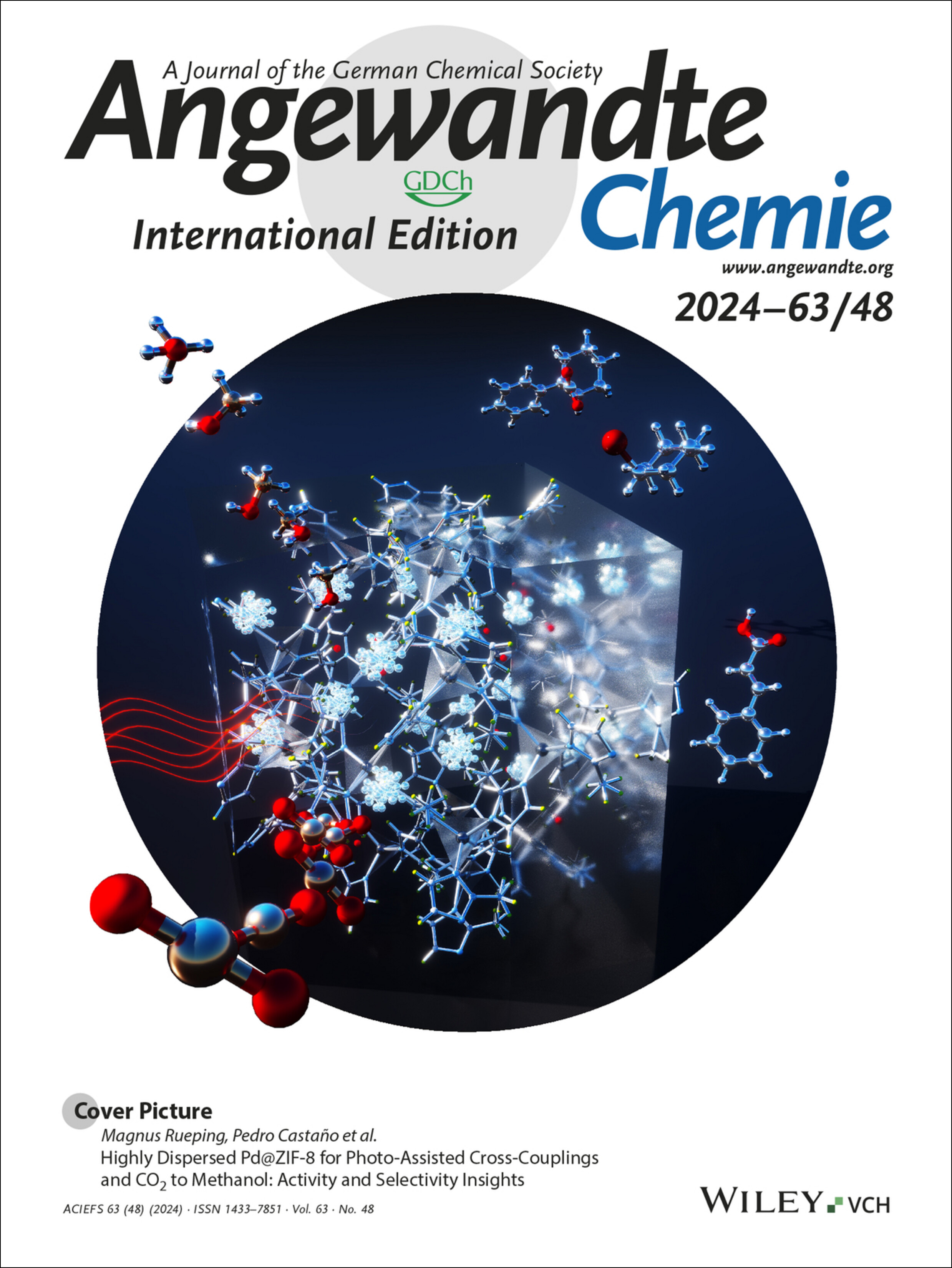 Cover Picture: Highly Dispersed Pd@ZIF-8 for Photo-Assisted Cross-Couplings and CO2 to Methanol: Activity and Selectivity Insights (Angew. Chem. Int. Ed. 48/2024) Volume 63 Issue 48, 2024