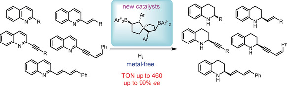 Spiro-Bicyclic Bisborane Catalysts for Metal-Free Chemoselective and Enantioselective Hydrogenation of Quinolines