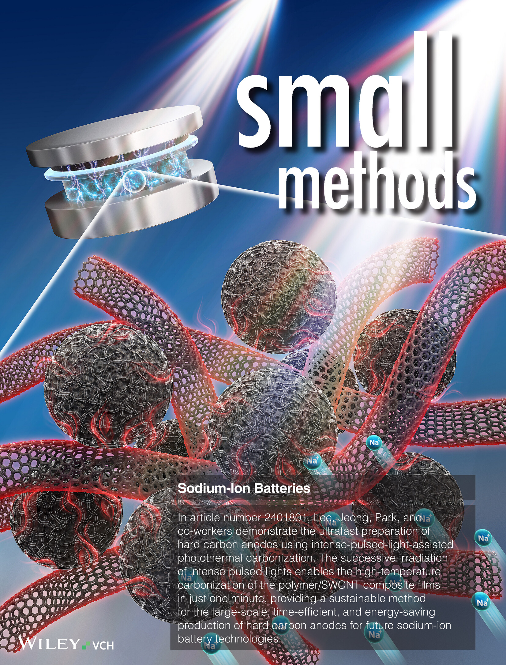 Ultrafast Synthesis of Hard Carbon Anodes for Sodium-ion Batteries: An Intense-Pulsed-Light-Assisted Approach to Photothermal Carbonization of Polymer/Carbon Nanotube Composite Films (Small Methods 7/2025) Volume 9 Issue 7, 2025