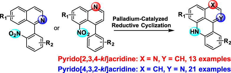 Divergent Syntheses of Pyridoacridine Alkaloids via Palladium-Catalyzed Reductive Cyclization with Nitro-Biarenes