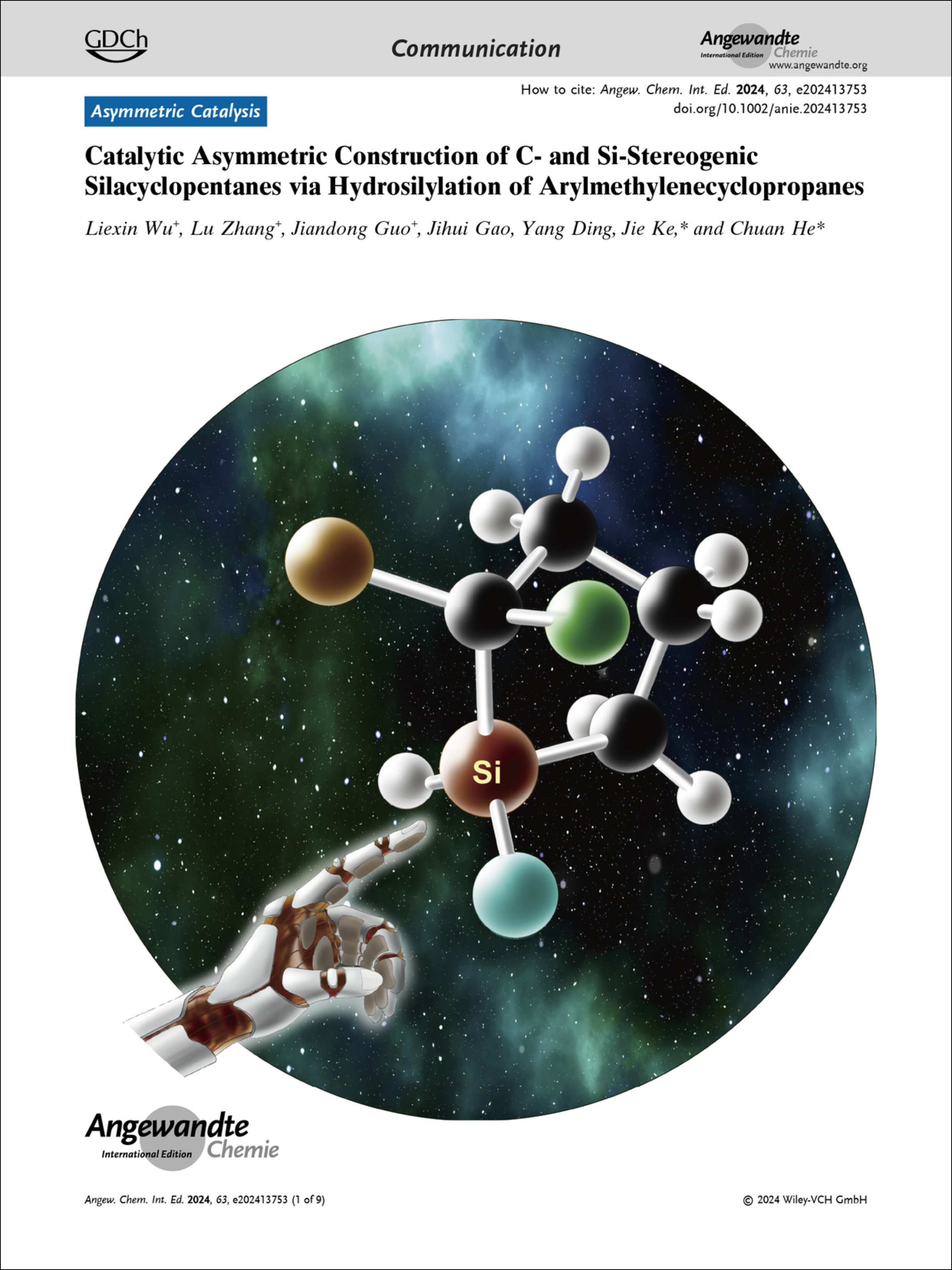 Frontispiece: Catalytic Asymmetric Construction of C- and Si-Stereogenic Silacyclopentanes via Hydrosilylation of Arylmethylenecyclopropanes Volume 63 Issue 48, 2024