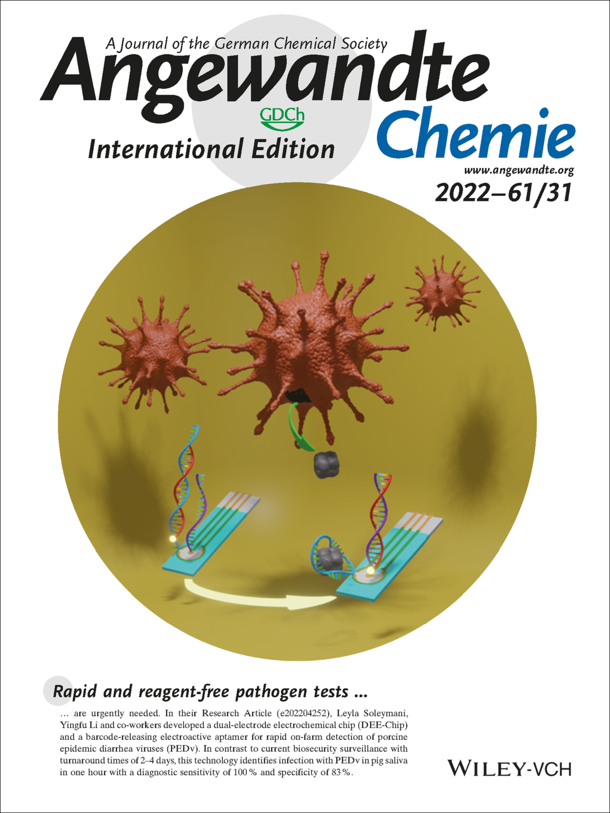 Inside Back Cover: A DNA Barcode-Based Aptasensor Enables Rapid Testing of Porcine Epidemic Diarrhea Viruses in Swine Saliva Using Electrochemical Readout (Angew. Chem. Int. Ed. 31/2022) Volume 61 Issue 31, 2022