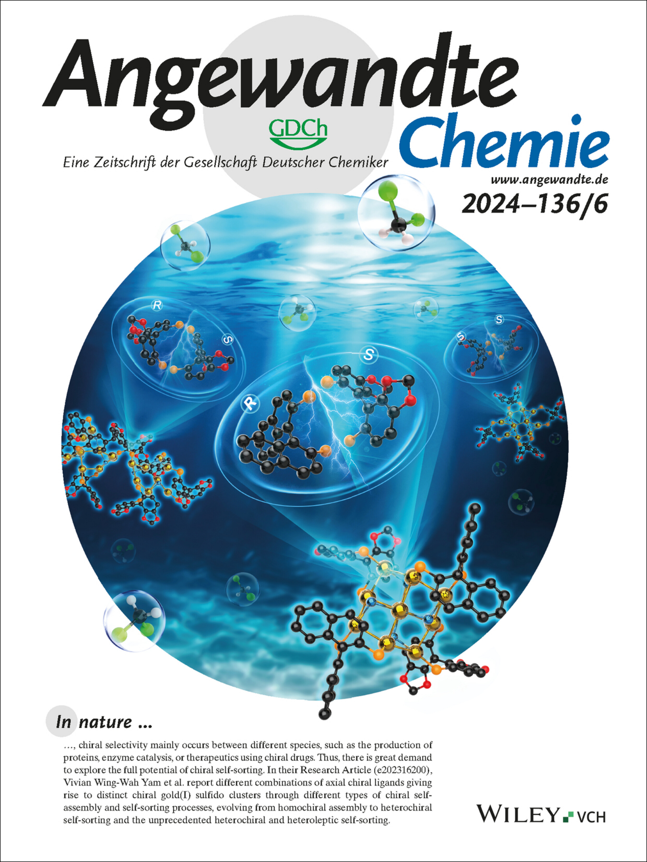 Innenrücktitelbild: Assembly of Luminescent Chiral Gold(I)-Sulfido Clusters via Chiral Self-Sorting (Angew. Chem. 6/2024) Volume 136 Issue 6, 2024
