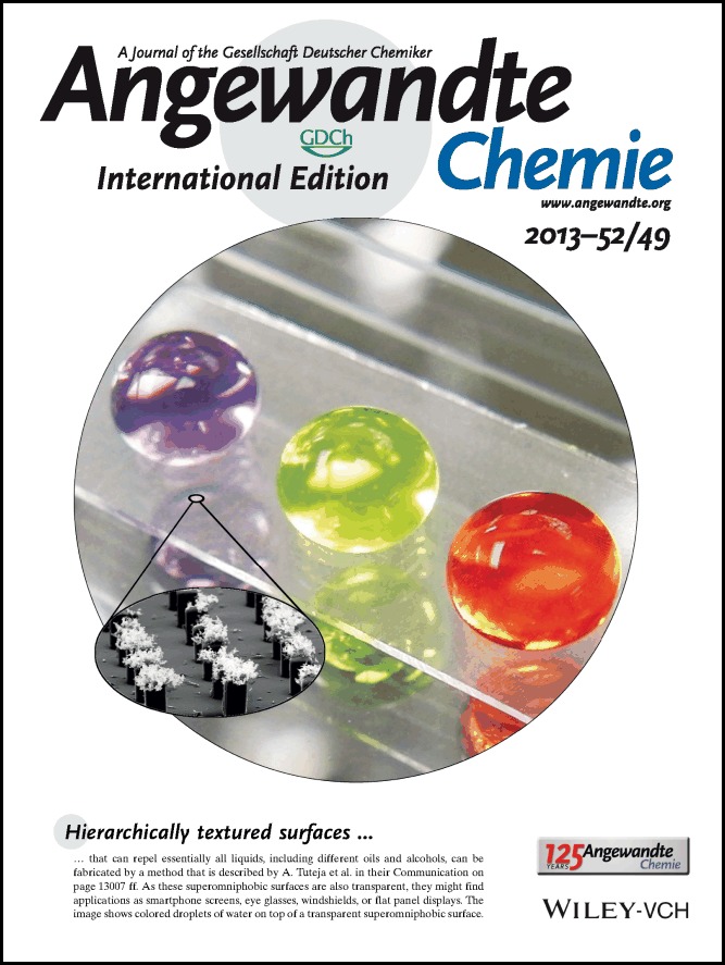 Inside Back Cover: Transparent, Flexible, Superomniphobic Surfaces with Ultra-Low Contact Angle Hysteresis (Angew. Chem. Int. Ed. 49/2013)