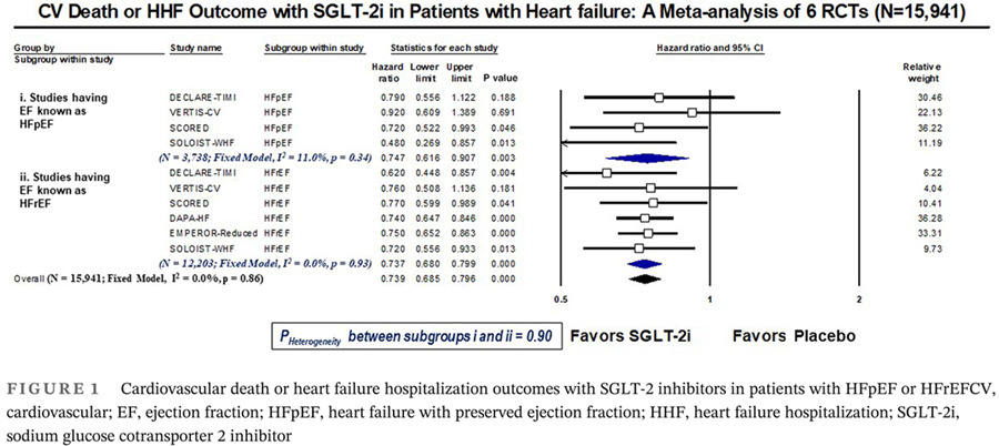 Do SGLT-2 inhibitors exhibit similar cardiovascular benefit in patients with heart failure with reduced or preserved ejection fraction? SGLT-2抑制剂在射血分数降低或保持不变的心力衰竭患者中是否显示出类似的心血管益处?