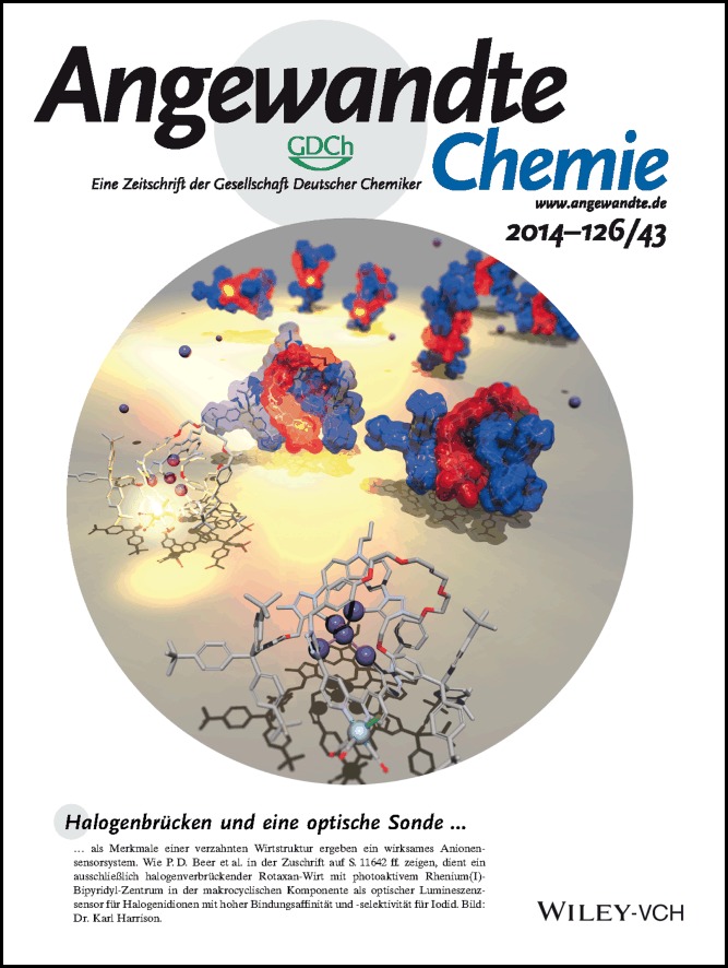 Innenrücktitelbild: An All-Halogen Bonding Rotaxane for Selective Sensing of Halides in Aqueous Media (Angew. Chem. 43/2014)