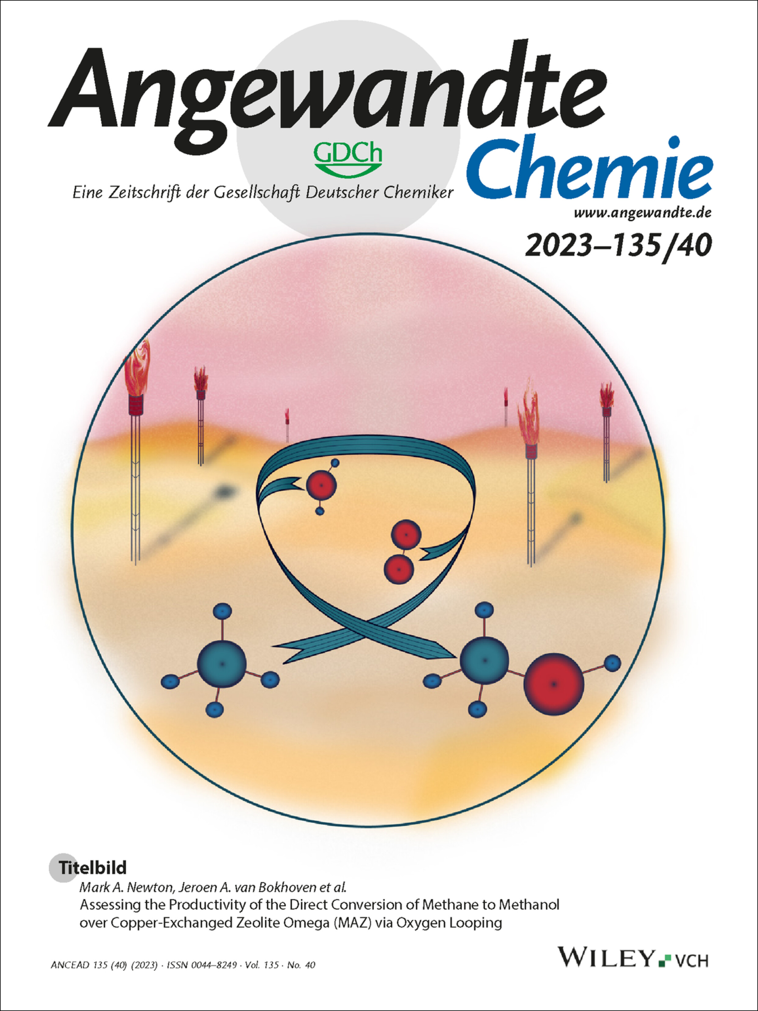 Titelbild: Bestimmung der Produktivität der direkten Umwandlung von Methan in Methanol mittels Kupfer ausgetauschtem Zeolith Omega (MAZ) mittels dem Sauerstoff Looping Verfahren (Angew. Chem. 40/2023) Volume 135 Issue 40, 2023