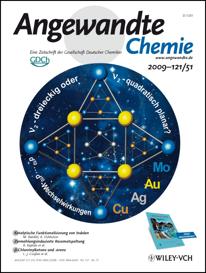 Titelbild: Two-Dimensional Triangular and Square Heterometallic Clusters: Influence of the Closed-Shell d10 Electronic Configuration (Angew. Chem. 51/2009)