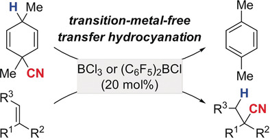 Transfer Hydrocyanation of α- and α,β-Substituted Styrenes Catalyzed by Boron Lewis Acids