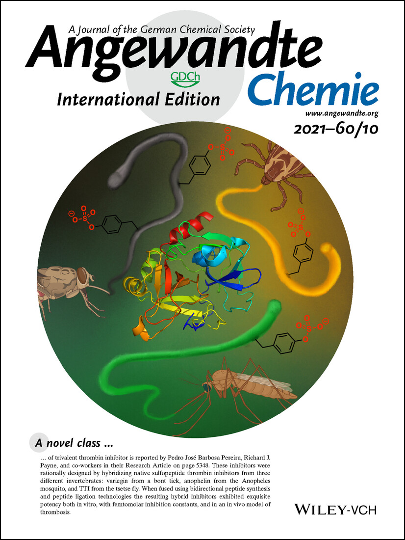 Back Cover: Potent Trivalent Inhibitors of Thrombin through Hybridization of Salivary Sulfopeptides from Hematophagous Arthropods (Angew. Chem. Int. Ed. 10/2021) Volume 60 Issue 10, 2021