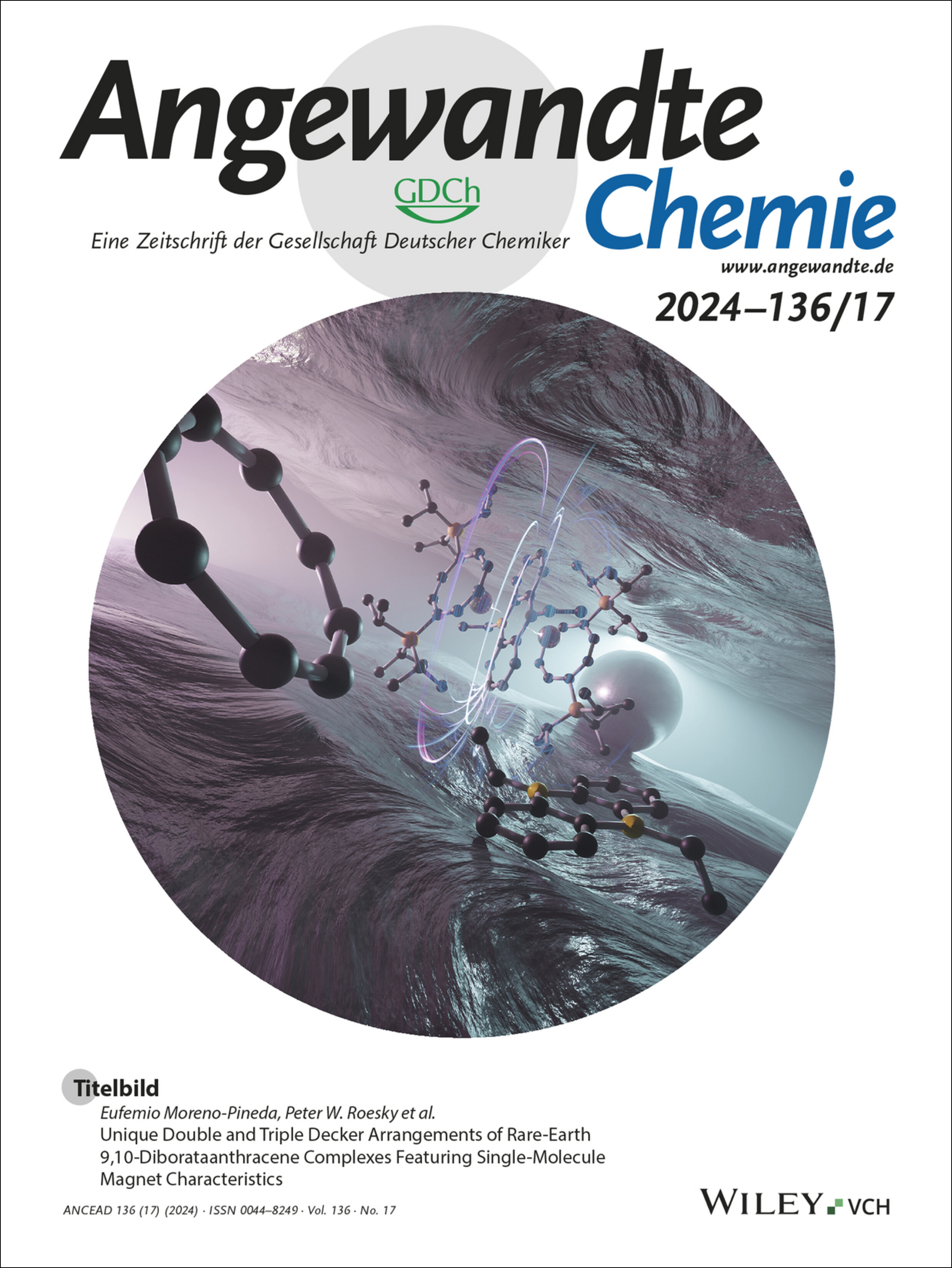 Titelbild: Unique Double and Triple Decker Arrangements of Rare-Earth 9,10-Diborataanthracene Complexes Featuring Single-Molecule Magnet Characteristics (Angew. Chem. 17/2024) Volume 136 Issue 17, 2024