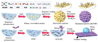 All-Organic Superhydrophobic Coating Comprising Raspberry-Like Particles and Fluorinated Polyurethane Prepared via Thiol-Click Reaction