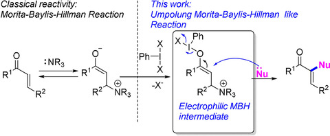 Direct Umpolung Morita–Baylis–Hillman like α-Functionalization of Enones via Enolonium Species