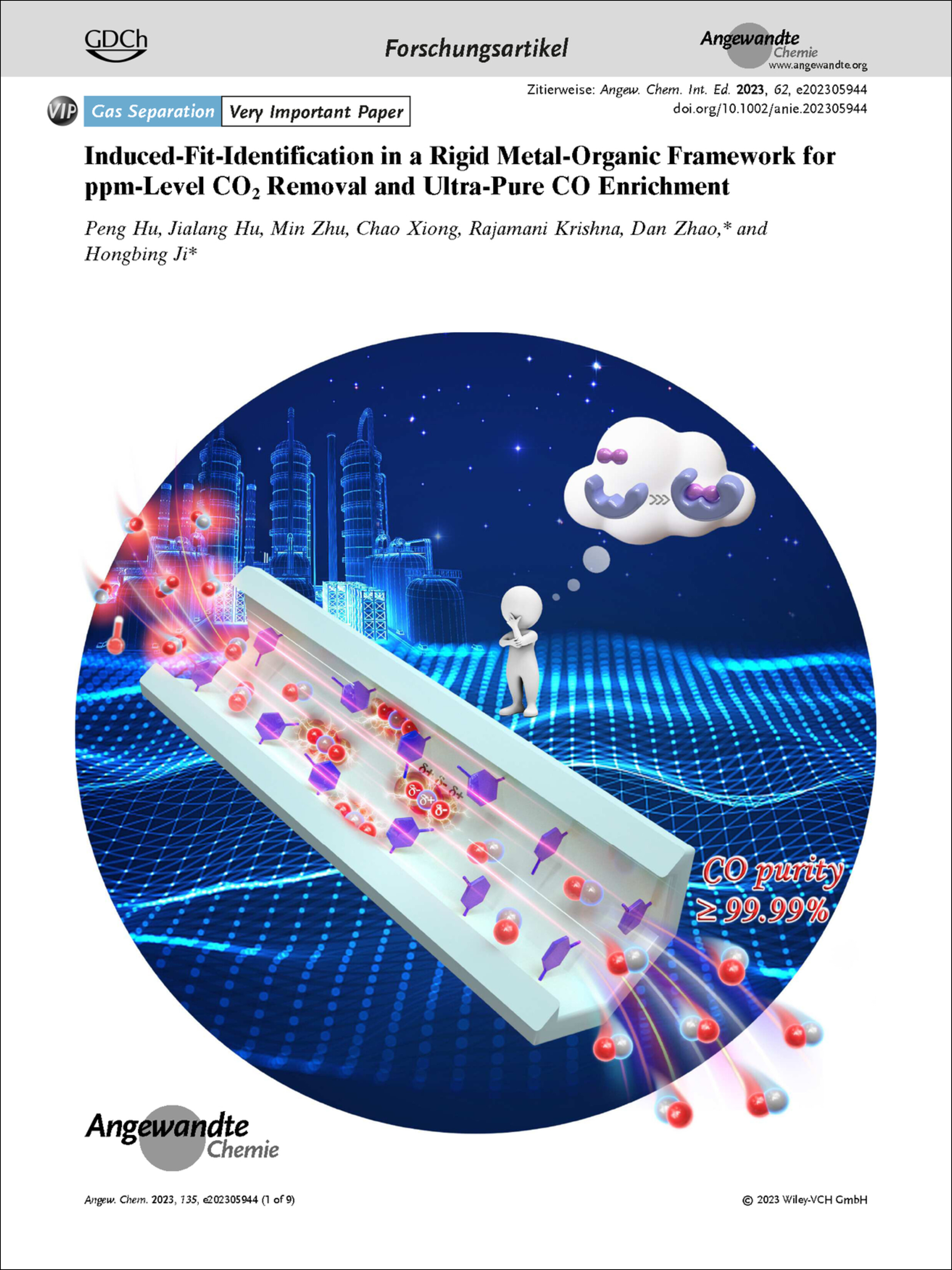 Frontispiz: Induced-Fit-Identification in a Rigid Metal-Organic Framework for ppm-Level CO2 Removal and Ultra-Pure CO Enrichment Volume 135 Issue 40, 2023