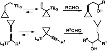 Unusual Regioselectivity in the Reaction of Allyl- or Allenylpropargyltitanium Compounds with Carbonyl Compounds: An Efficient Synthesis of Alkylidenecyclopropane Derivatives