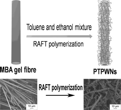 One-step synthesis of polymer micro-tubes tethered by polymer nanowire networks via RAFT polymerization of N,N′-methylene bisacrylamide xerogel fibers in toluene and ethanol mixed solution