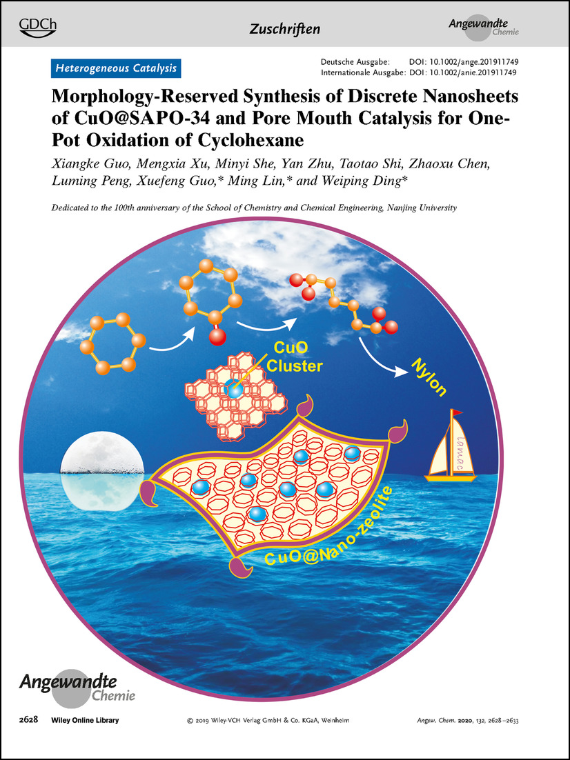 Frontispiz: Morphology-Reserved Synthesis of Discrete Nanosheets of CuO@SAPO-34 and Pore Mouth Catalysis for One-Pot Oxidation of Cyclohexane Volume 132 Issue 7, 2020